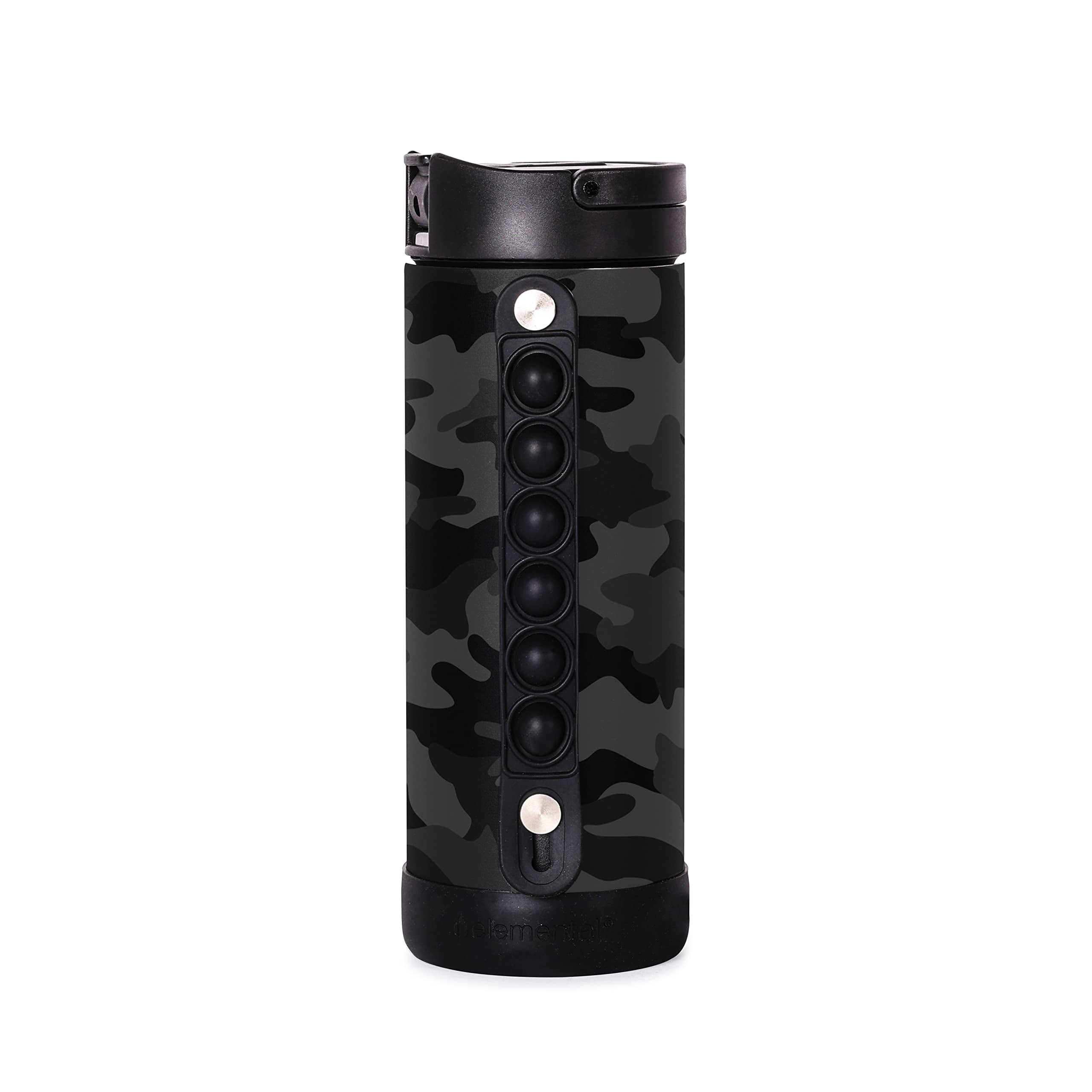 Elemental Iconic Kids Water Bottle with Straw Lid & Stress Reliever Pop It Handle - Leak-Proof When Closed - Triple Insulated Stainless Steel Reusable Thermos Water Bottle - 14oz - Black Camo