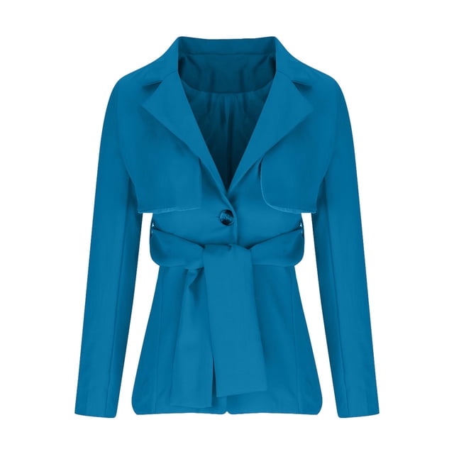 Blazer de mujer de color liso con tiras, solapa, botones, manga larga, sin capucha, informal, chaqueta de abrigo, top de poliéster para mujer