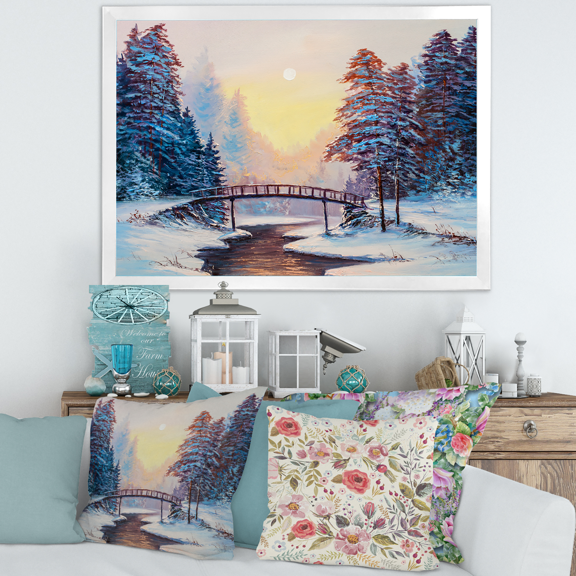 Designart 'Snow Covered Landscape and Little Bridge' Traditional Framed Art Print