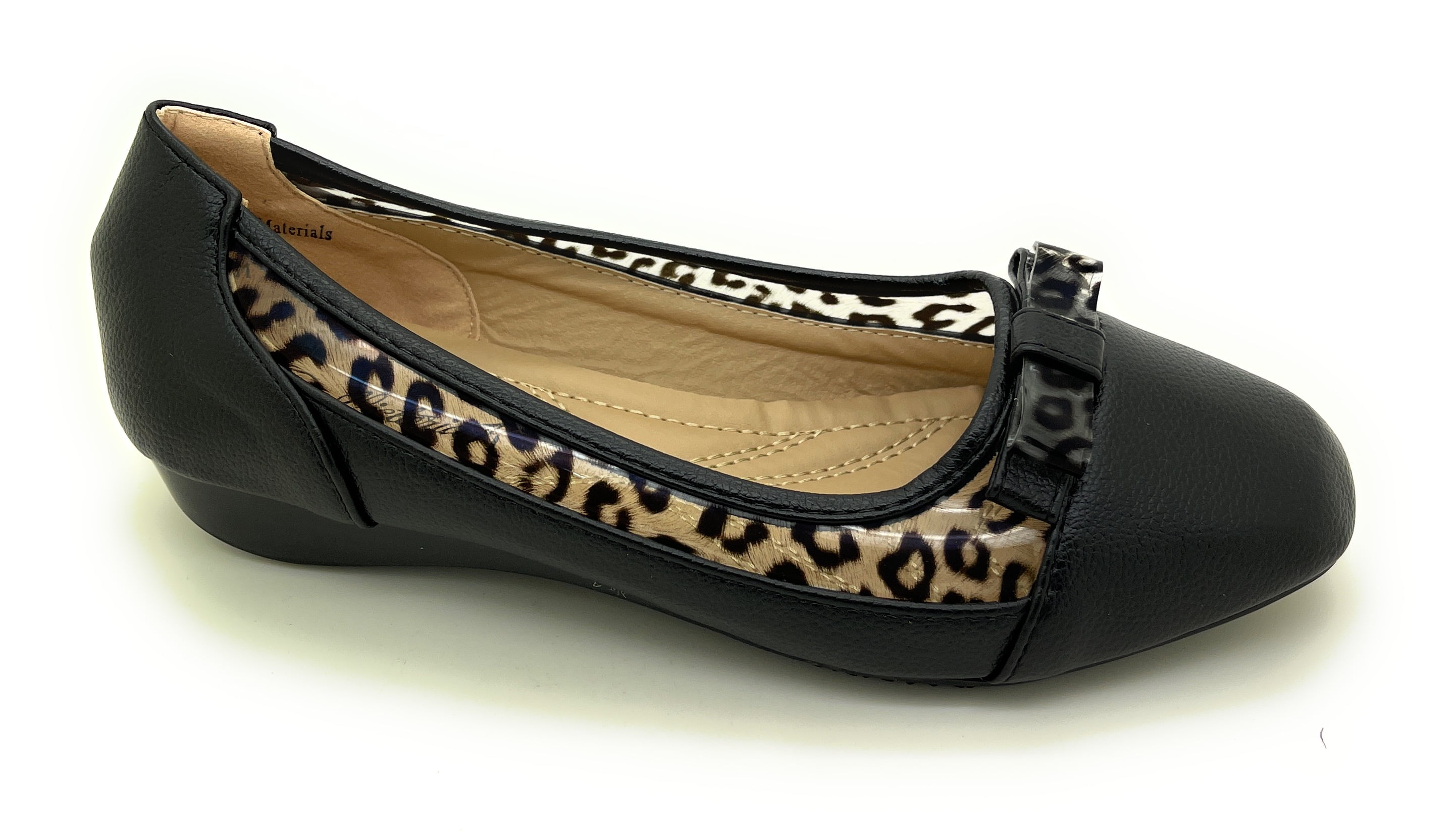 Women’s Ballerina Flats with Leopard Print Trim and Bow – Low Wedge Slip-On Dress Flats with Cushioned Insole – Comfortable Casual Everyday Shoes for Work or Evening Wear