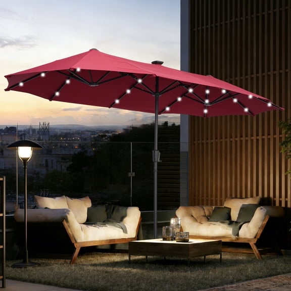 Autlaycil 13ft Rectangle Patio Umbrella with 36 Solar Lights for Pool, Yard, Market, Graden - Red
