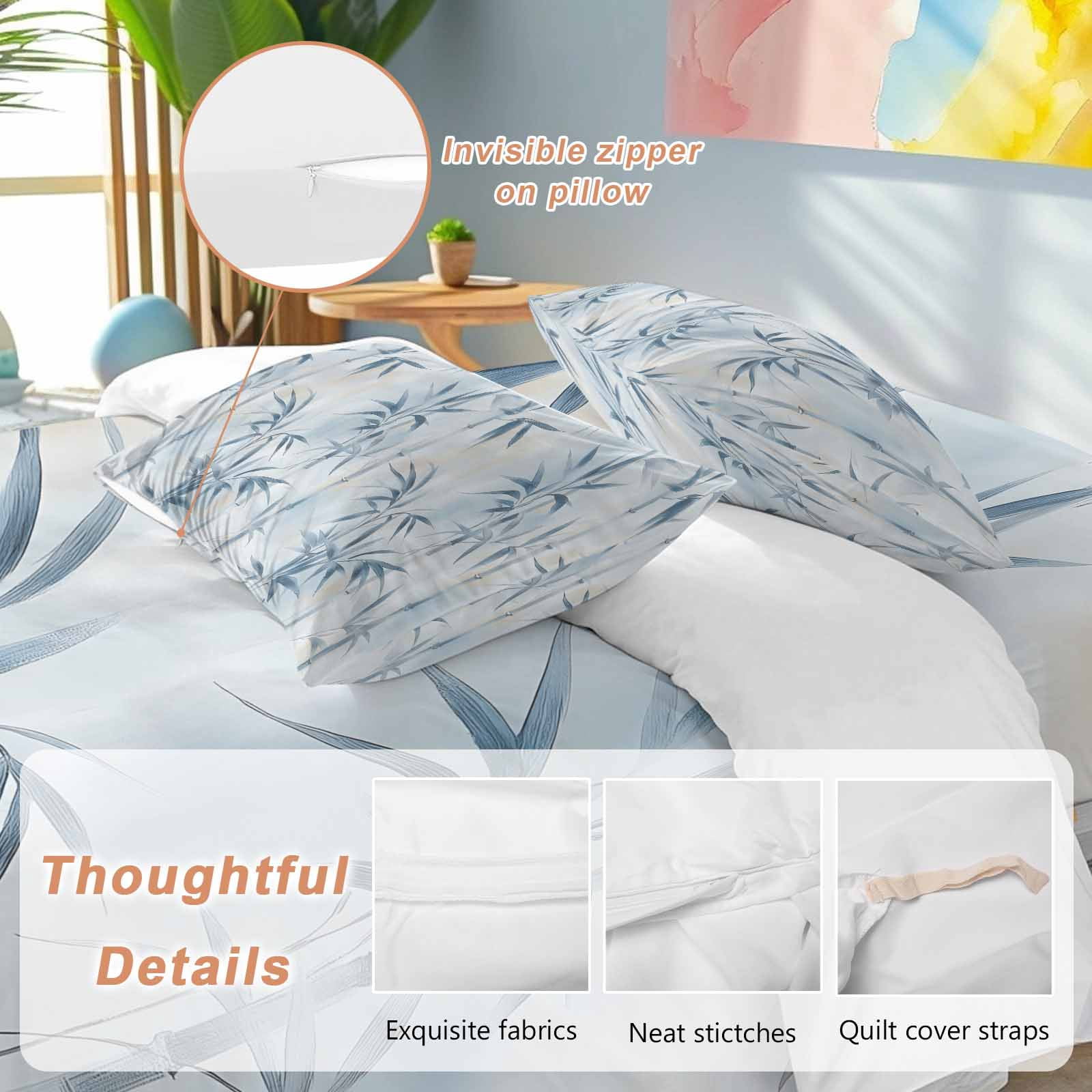 Bamboos Leaf Queen Duvet Cover Set, Abstract Blue Leaves Branches Watercolor 4 Piece Microfiber Bedding Set with Zipper Closure, Bed Sheet and 2 Pillow Shams, Soft Bedding Cover