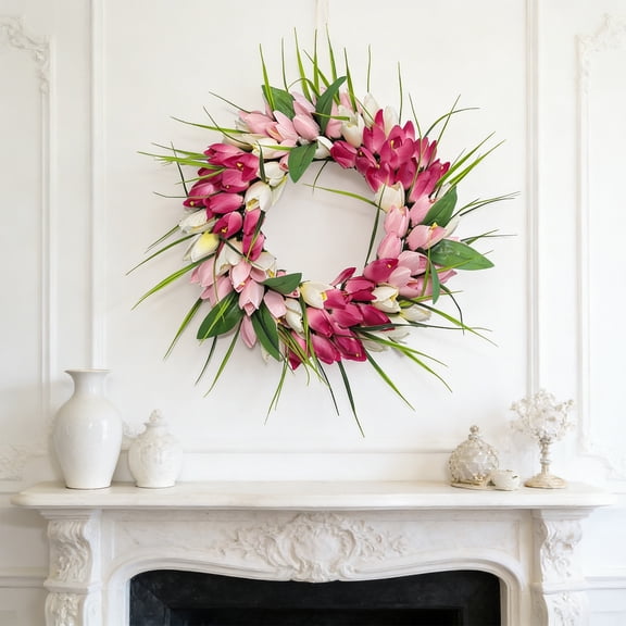 Spring Artificial Tulips Wreath for Door Decor, Seasonal Wall Hanging, Easy to Clean, Perfect for Indoor Outdoor, Holiday and Housewarming Gift Multicolor