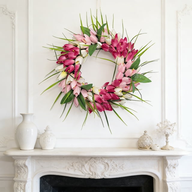 Dianli Seasonal Decor Spring Tulip Wreath Door Hanging Rattan Spring Themed Floral Wreath for Door Wall Seasonal Home Decor Front Porch Wedding Spring Ornament