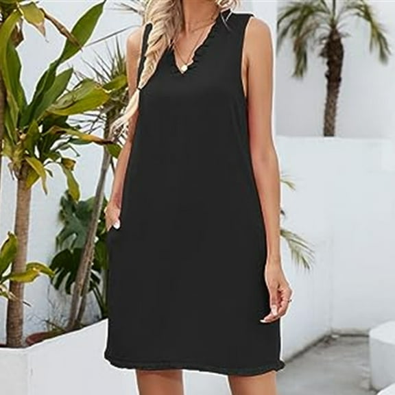 HOMBOM Casual Dresses for Women Black Mid-Length Summer Sundress Sleeveless Vacation V-Neck Solid Beach Dresses 2XL