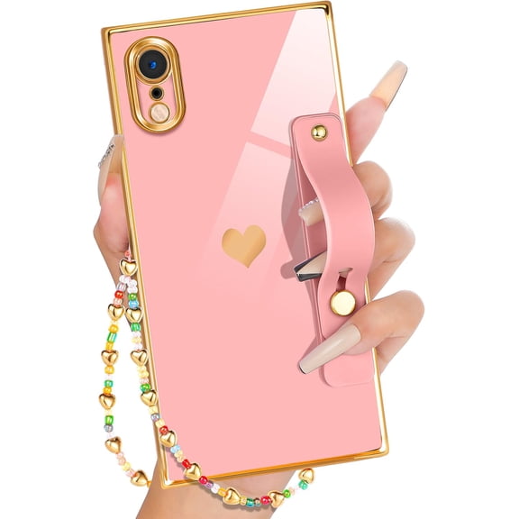 for iPhone XR Case Loopy Stand/Strap, Luxury Cute Women Girls Heart Electroplated Designer Squared Edge Phone Cases for XR
