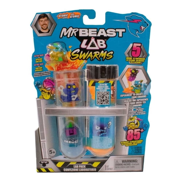 Set de laboratorio Mr Beast Lab variedad de modelos 5 piezas, multicolor; empaque frontal con cinco figuras 'swarms', dos tubos transparentes con líquido simulado y frascos pequeños, cartón azul con logo MrBeast Lab y gráficos llamativos.