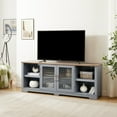 thumbnail image 3 of PORKISS TV Stand for TVs up to 80", Modern Entertainment Center with Open Shelves, Large Farmhouse TV Console with Glass Door Cabinets, Classical Media Console for Living Room, Light Blue/Oak, 3 of 11