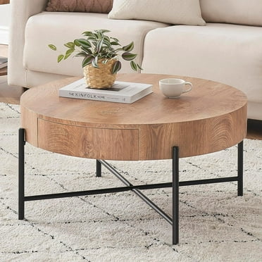 Yartaka Round Coffee Table Solid Wood Center Table with Two Drawers Farmhouse Circle Coffee Table Living Room Rustic Cocktail Table with Metal Legs, Natural