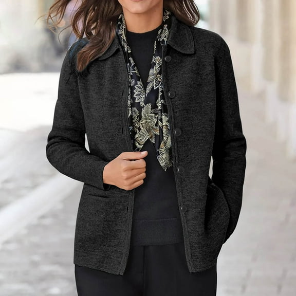 Qetyuw Knit Cardigan for Women Slim Fit Button Down Long Sleeve Open Front Coat Lapel Casual Jacket Outwear