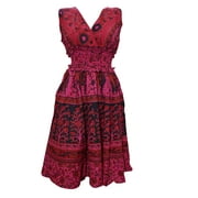 Mogul Women's Sleeveless Dress V-neck Floral Printed Pink Cotton Peasant Dresses