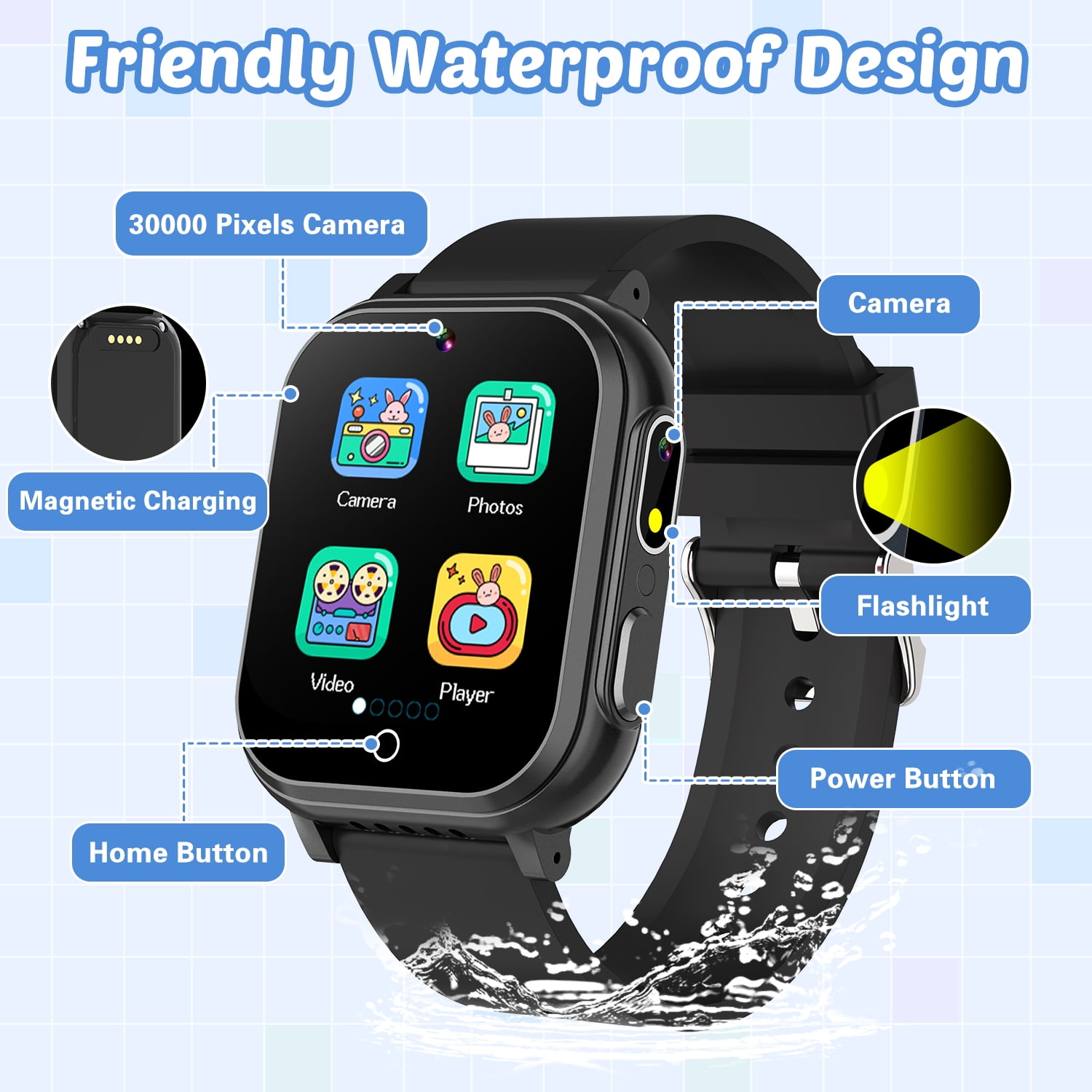 Vakzovy Waterproof Smart Watch for Kids with 32 Games Dual Camera Video Habit Tracking Music Player Pedometer Screen Protectors Lanyard, HD Touchscreen Kids Watch Toy Birthday Gift for 3-12 Year Old