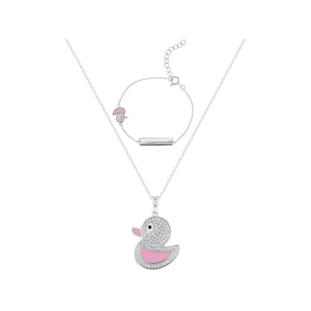 925 Sterling Silver Clear CZ Duck Necklace & Bracelet Children's Jewelry (Best Way To Clean Cz Jewelry)
