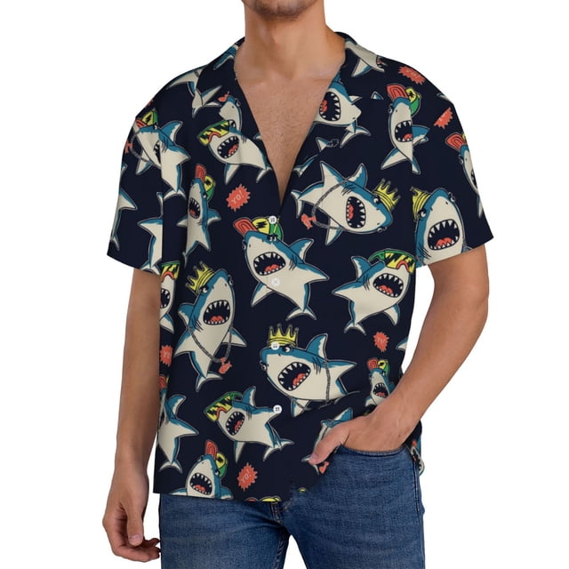 Fotbe Cartoon Sharks Camisa Estampada de Manga Corta para Hombre, Casual de Verano, Estilo Playero, Sin Arrugas-XX-Large