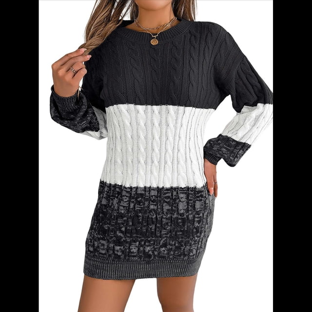 Vestido Elegante de Punto con Mangas Farol y Patchwork para Mujer, Otoño-Invierno Negro L