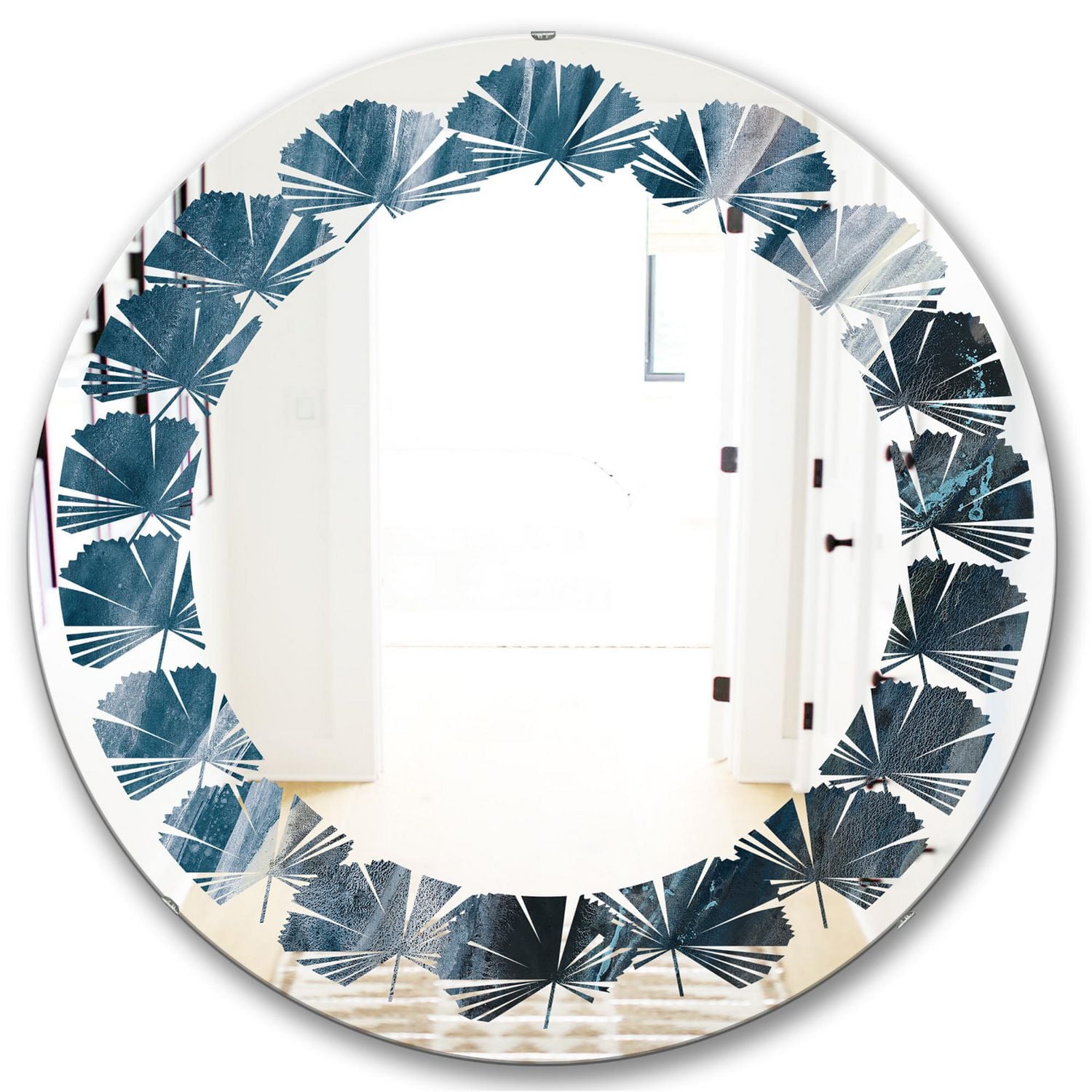 Designart 'Splash Blue Indigo' Modern Round Wall Mirror - Leaves 24x24