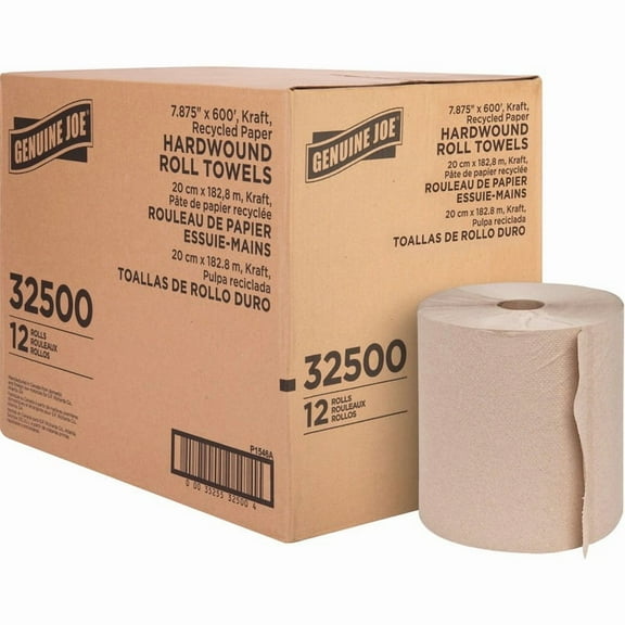 Genuine Joe Embossed Hardwound Roll Paper Towels, 2" Core, Carton of 12