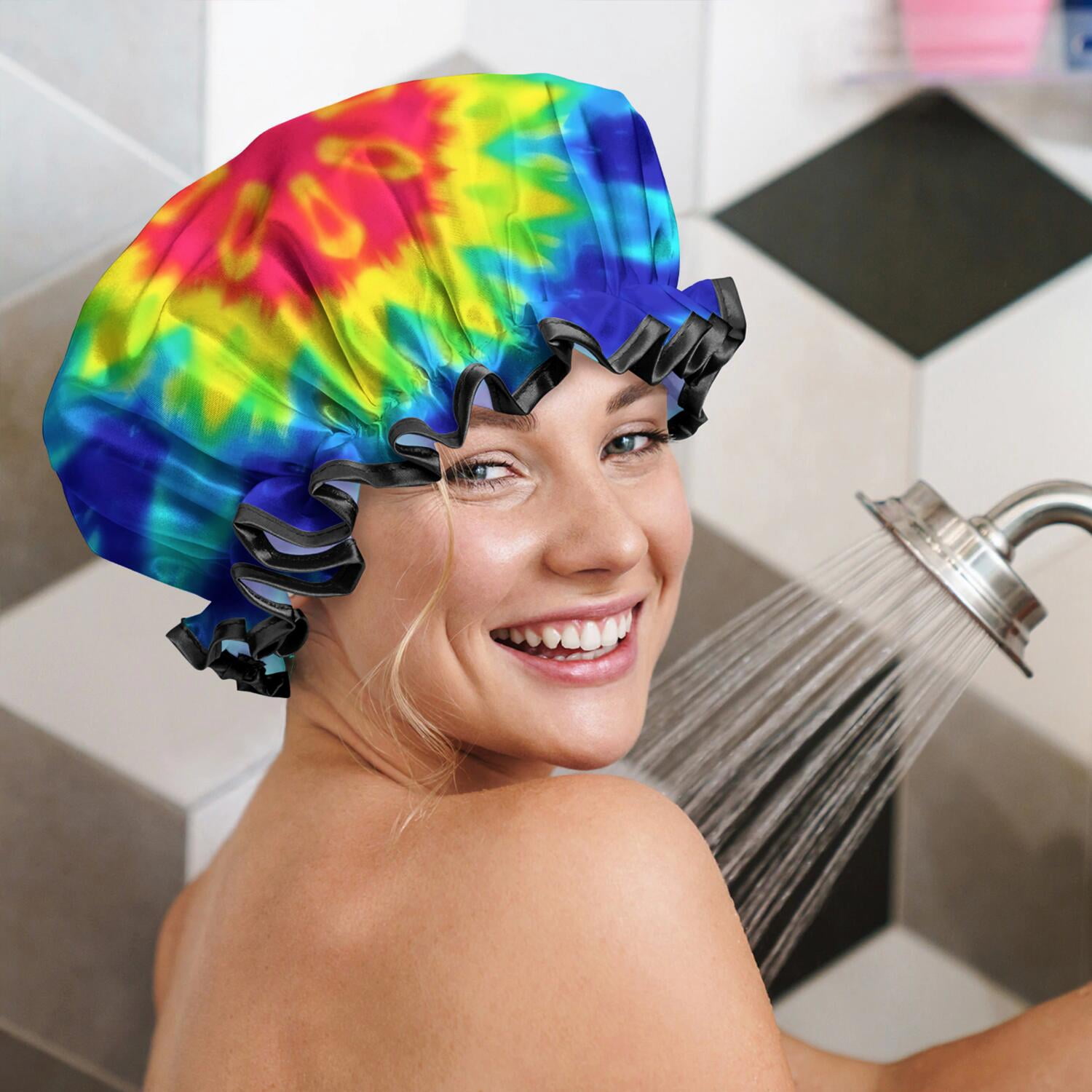Shower Caps,Rainbow Tie Dye Mandala Pattern Waterproof Shower Cap for Women 4 Pieces,Double Reusable Hair Cover for Shower PEVA Elastic Stretch Hem