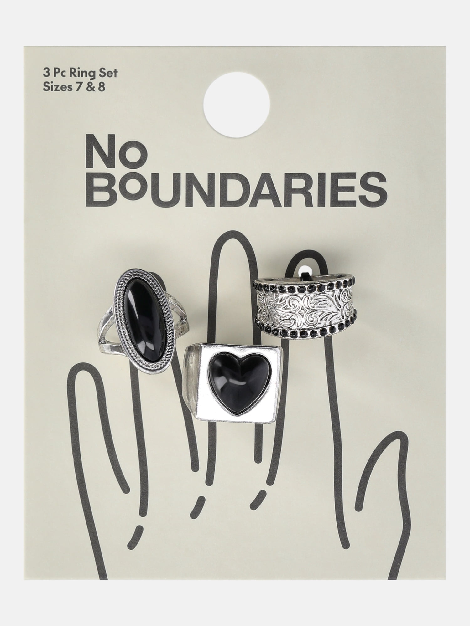 No Boundaries Black and Gold-Plated Stone and Heart Rings, 3-Pack, Women's