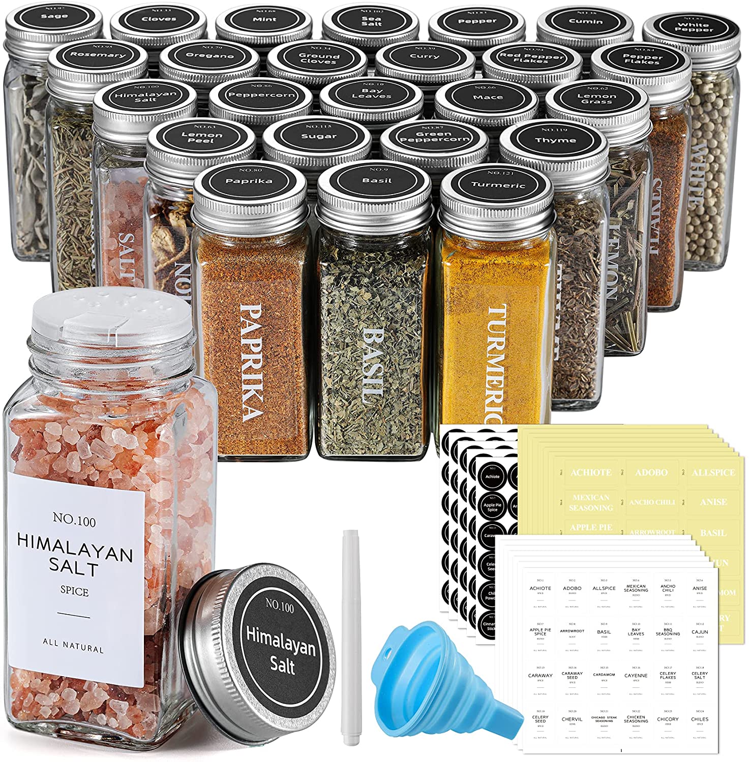 25 Pcs Spice Jars with Labels - Glass Spice Jars with Shaker ...