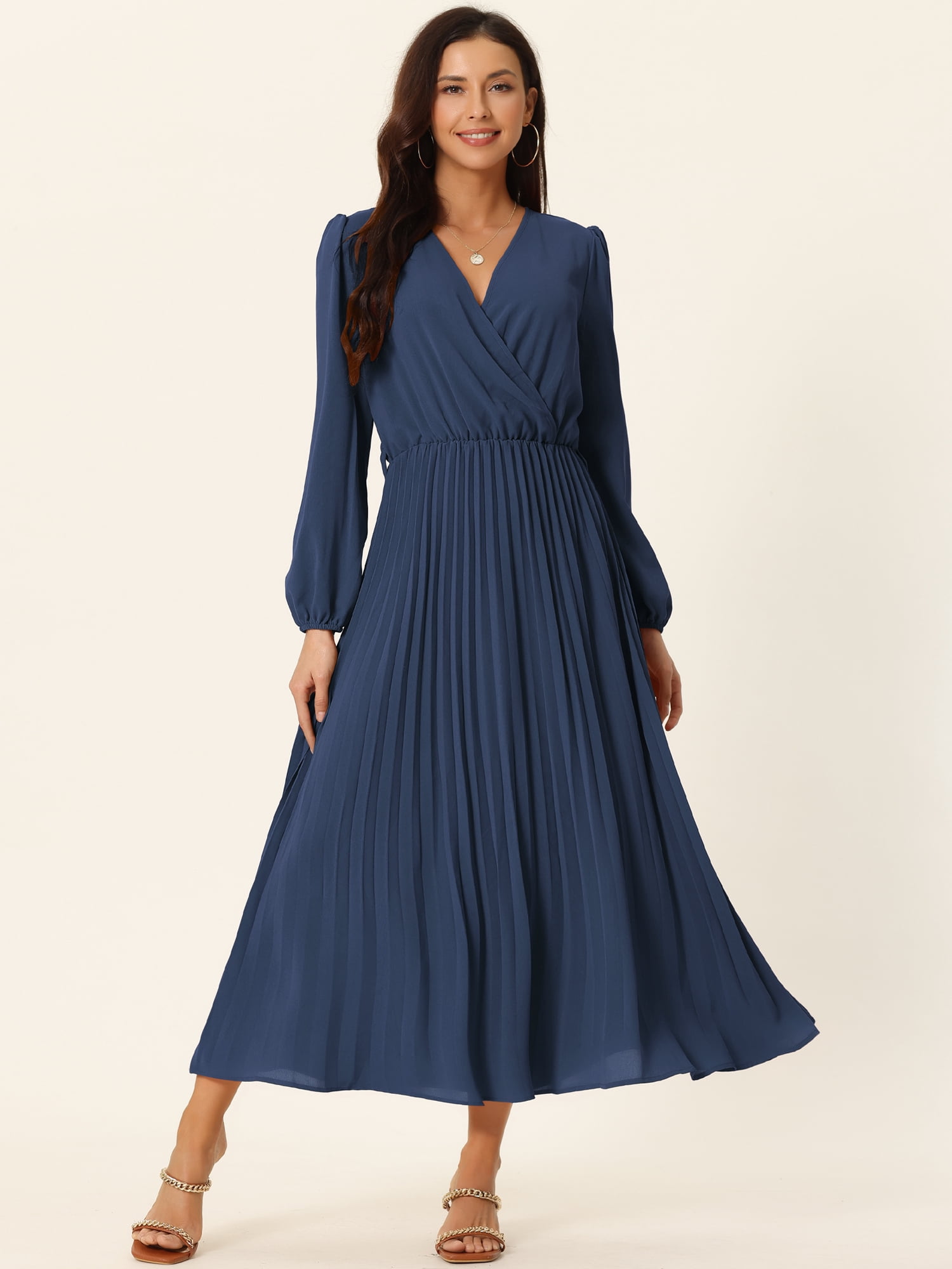Unique Bargains Women's Long Puff Sleeve Flowy Ruffle Pleated Dress with Belt S Navy Blue