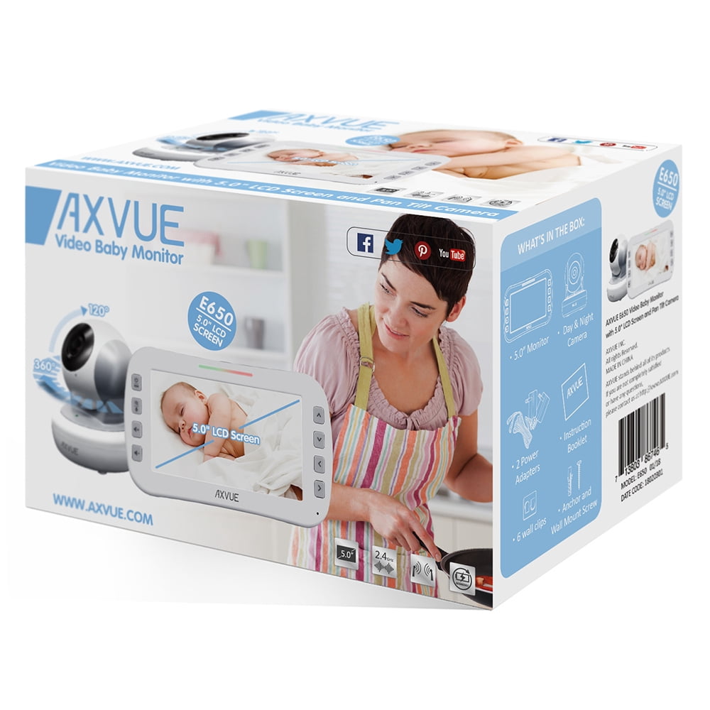 Video Baby Monitor with Remote-Controlled Camera and Wide Screen by Axvue, White & Grey, Model E650