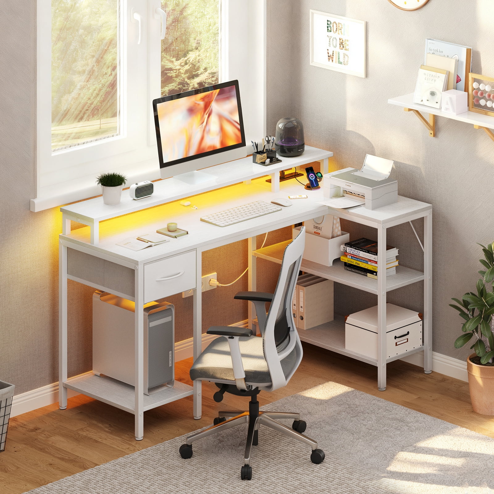 Sweetcrispy 47" L Shaped Computer Gaming Desk with USB Charging Ports & LED Lights, Reversible Corner Table with Power Outlets Monitor Stand for Home Office, White
