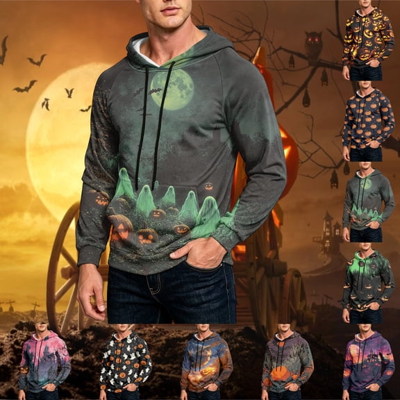 GrmtClth Hoodie Mens Halloween Party Costume Witch Pumpkin Ghost Bat All Over Print Kangaroo Pocket Sweatshirt Gray XL