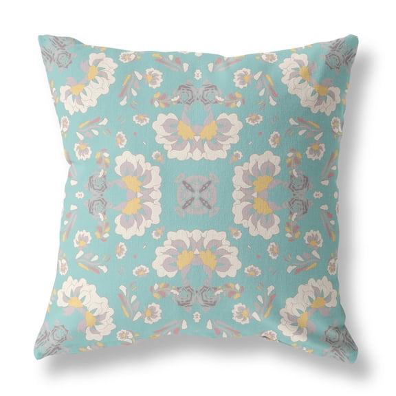 20" Divine Flowers Broadcloth Blown and Closed Pillow in Green White Fabric