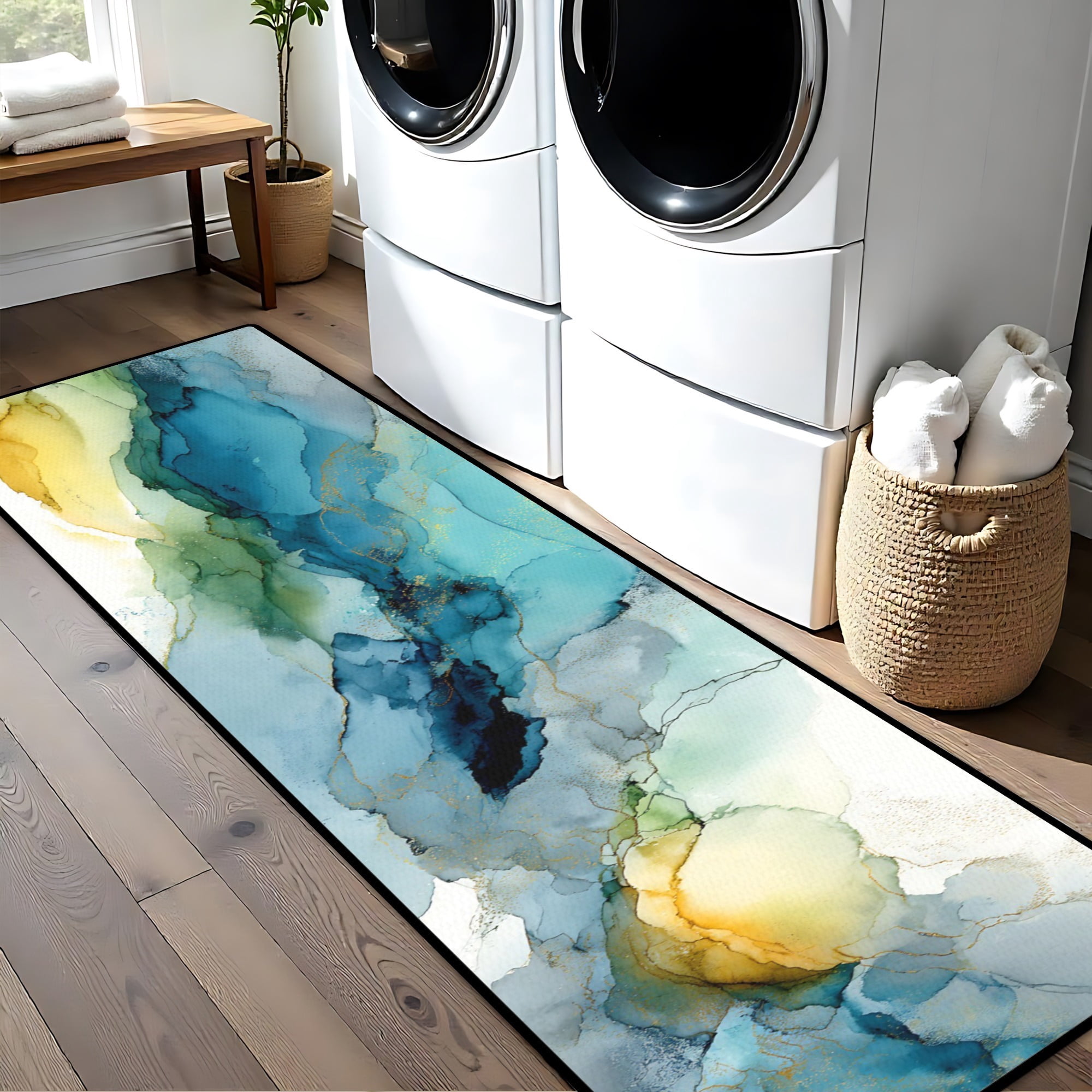 Teal Yellow Gold Ink Wash Hallway Runner Rug, 60x18 Inches Abstract Watercolor Long Floor Mat, Non-Slip Washable Modern Art Rug for Entryway Kitchen