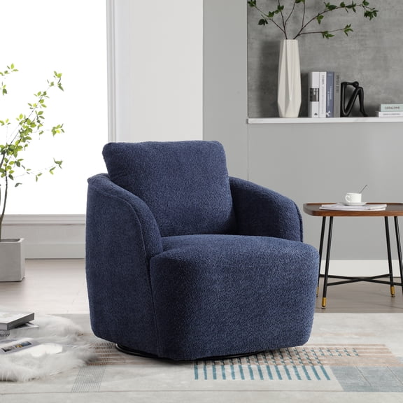 30.3"W Boucle Upholstered Swivel Accent Barrel Chair and Comfy Round Accent Single Sofa Chair, 360 Degree Club Bucket Chair, Lounge Armchair for Living Room Bedroom Nursery. Navy