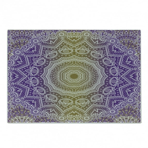 Yellow and Purple Cutting Board, Mandala Ombre East Tradition Deep Mystic Magic in Cosmos Psychic Image, Decorative Tempered Glass Cutting and Serving Board, Small Size, Violet, by Ambesonne