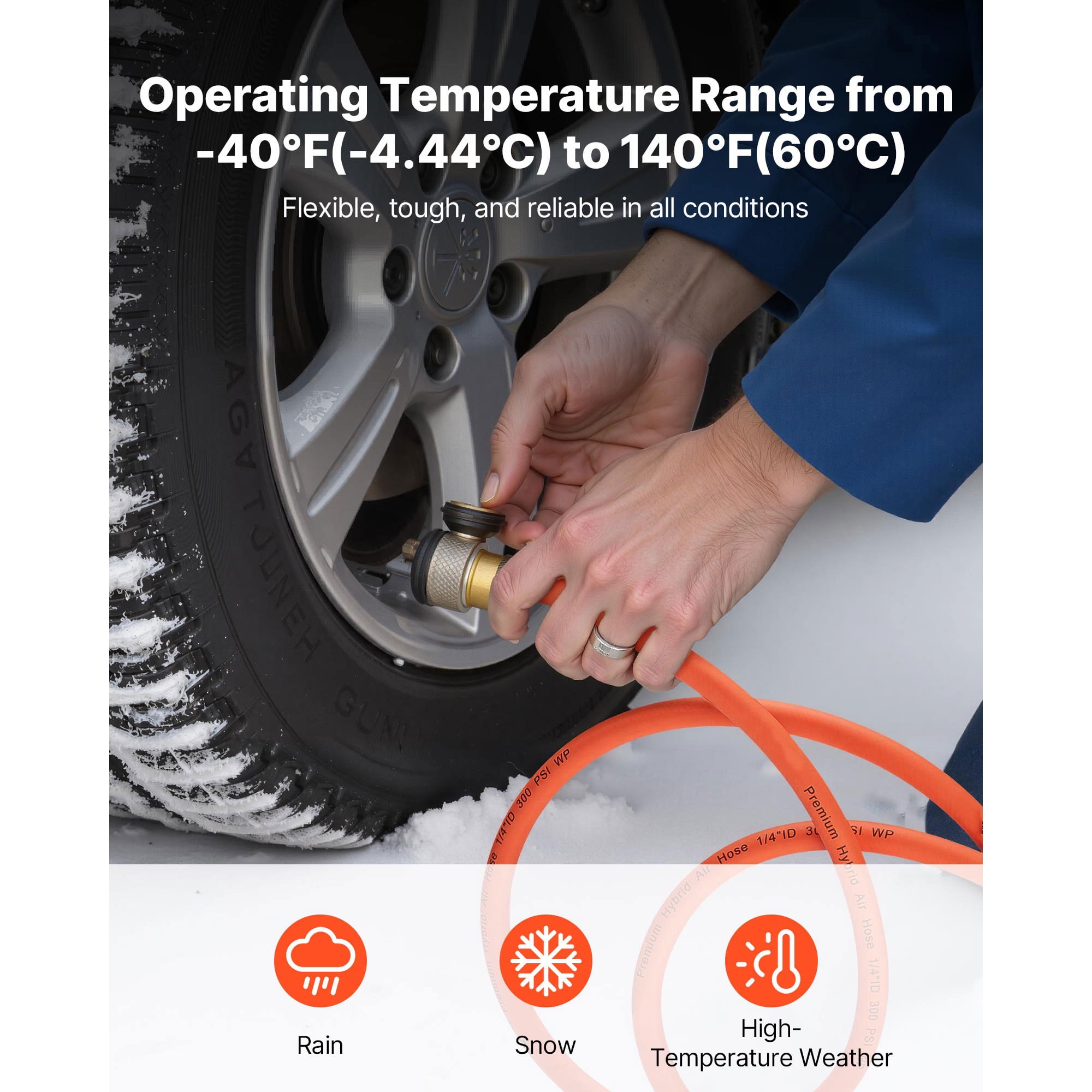 KFFKFF 3/8'' x 250ft Hybrid Air Hose, Durable, Lightweight, Kink-Resistant, Three-Layer Material for Automotive, Home & Construction Use, 300 PSI, Flexible in All Weather, Orange