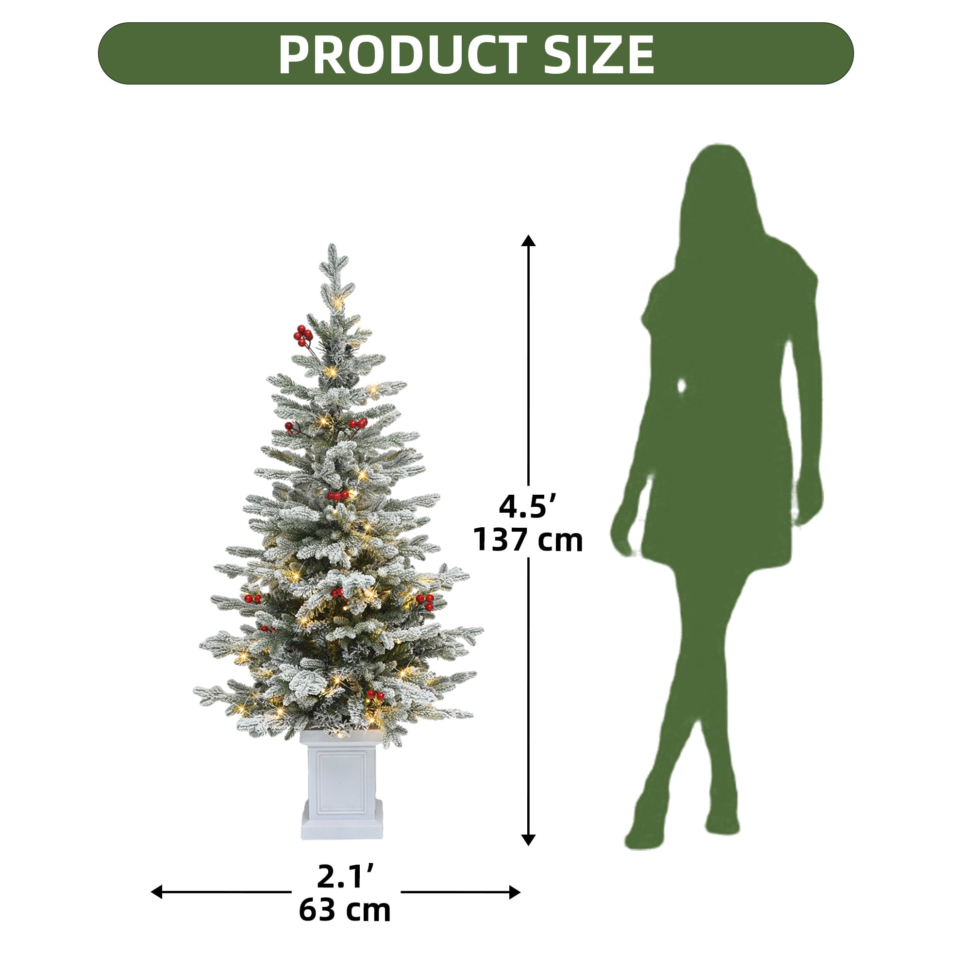 Uforic 4.5ft Potted Pre-Lit Flocked Pencil Christmas Tree with 358 PE & PVC Tips & 100 Lights, White Flocked