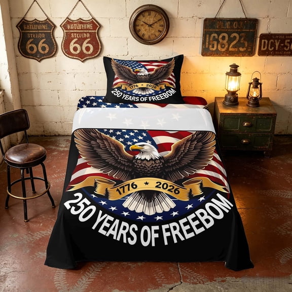 Manfei American Flag Eagle Twin Sheets, 250 Years of Freedom Print Bedding, Black, Black Reversible 3 Pieces (1 Flat Sheet, 1 Fitted Sheet and 1 Pillowcase)
