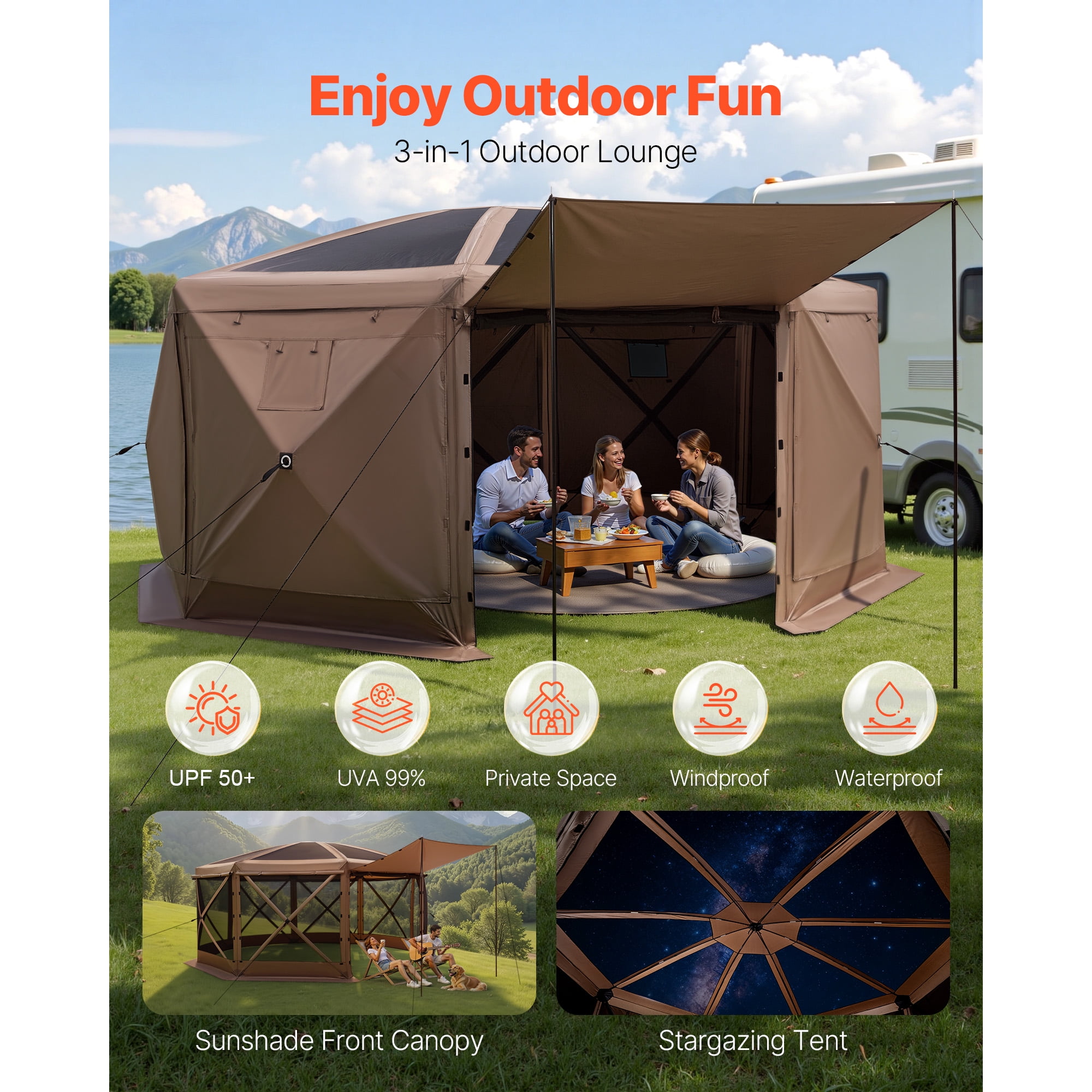 KFFKFF Pop-Up Gazebo Screen Tent, 15 x 15 ft 8-Sided Canopy with Detachable Roof & Storage Bag, Easy Setup & Insect-Resistant, Screened Sun Shelter for 12-15 People Outdoor Use, Brown