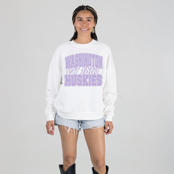 Women's Gameday Couture White Washington Huskies Oversized Faded Formation Premium Fleece Sweatshirt