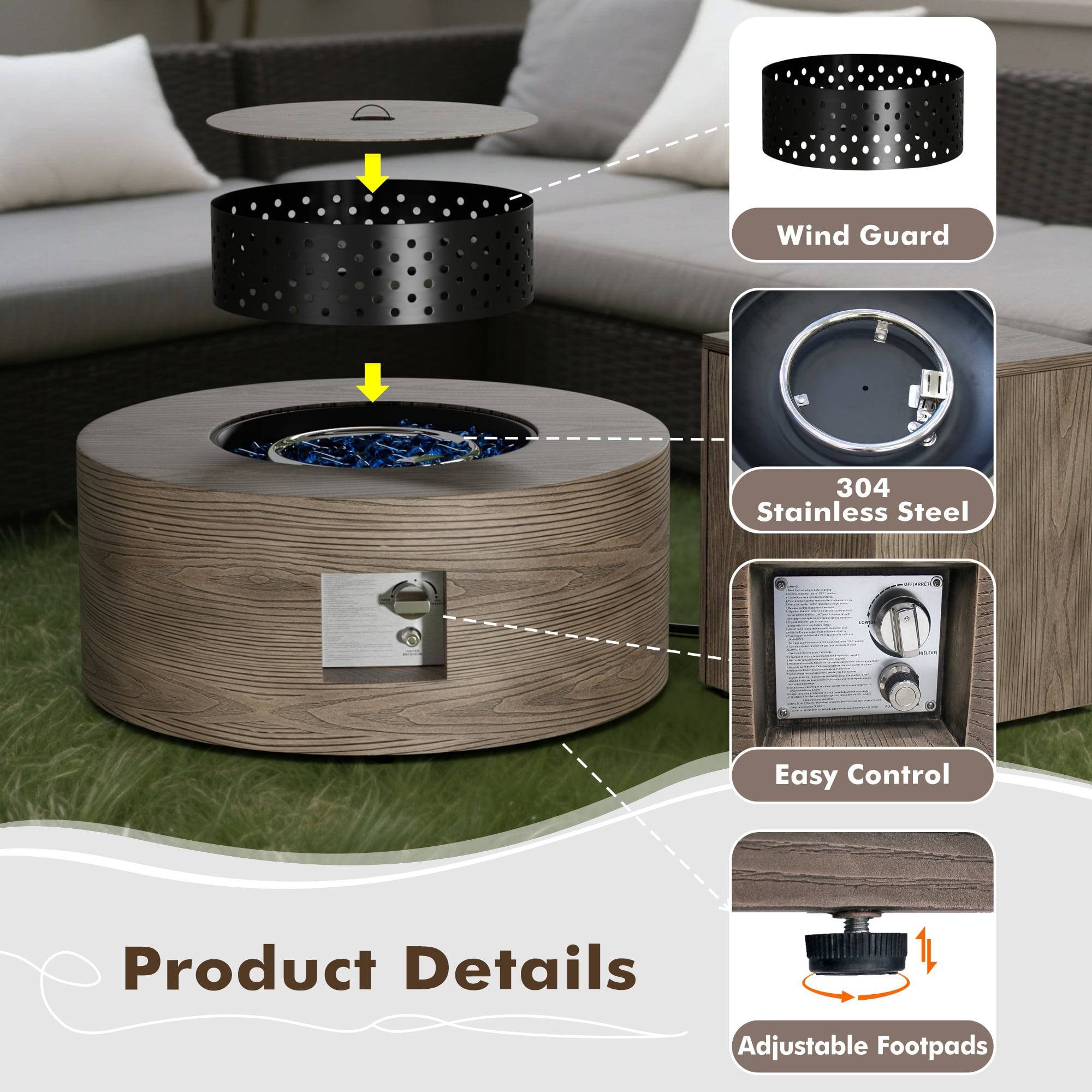 30 in. Round Coating Steel Propane Firepit Table, 50,000 BTU Outdoor Fire Pit Table in Dark brown Wood Grain