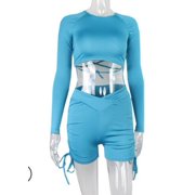 Angle View: Women Navel Long Sleeves + Shorts, Pleated Drawstring Decoration