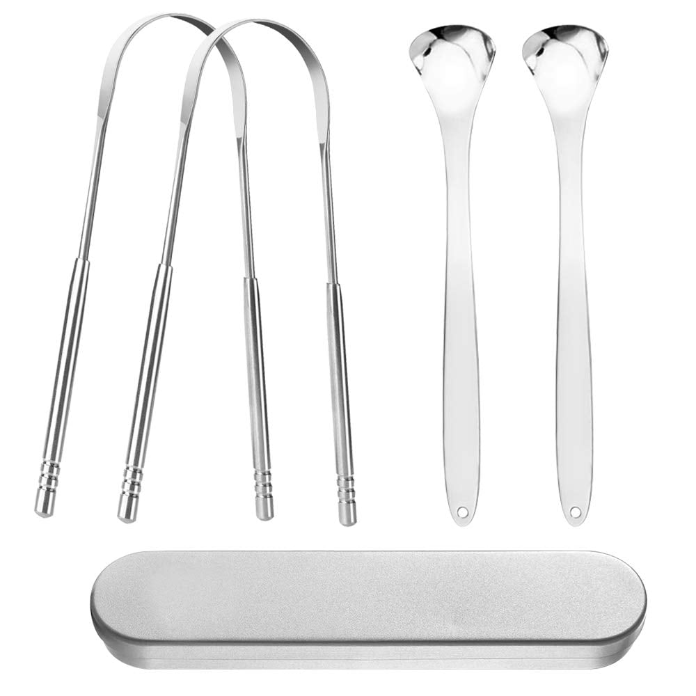 Set of 4, Tongue Scraper Cleaner, Stainless Steel Tongue Brush Tongue Scraping Cleaner with