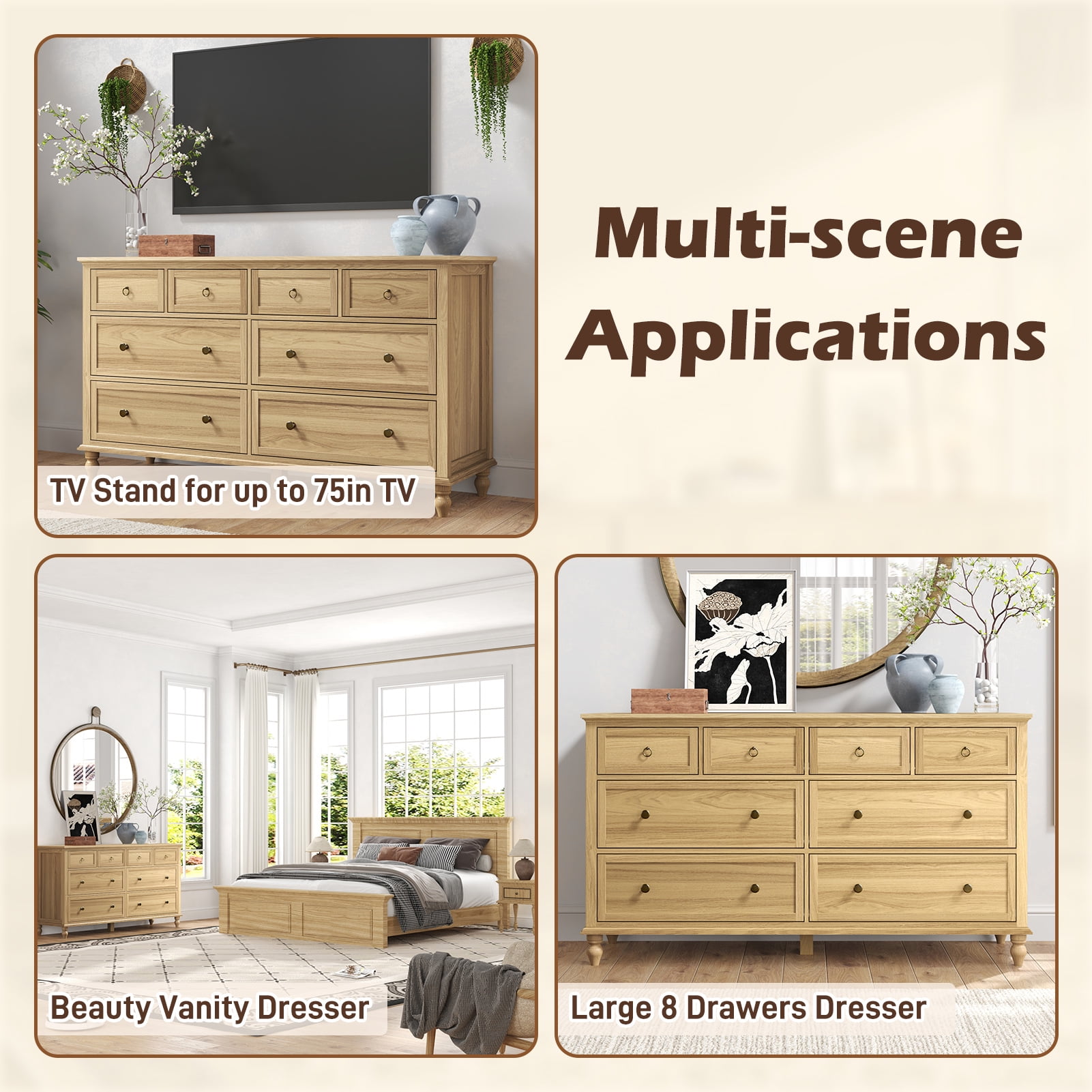 ChVans 65 inch Large Long Drawer Dresser， 8 Drawer Dresser for Bedroom, Modern Farmhouse Wood Wide Chest of Drawers, Storage Dressers for Bedroom, Living Room & Hallway