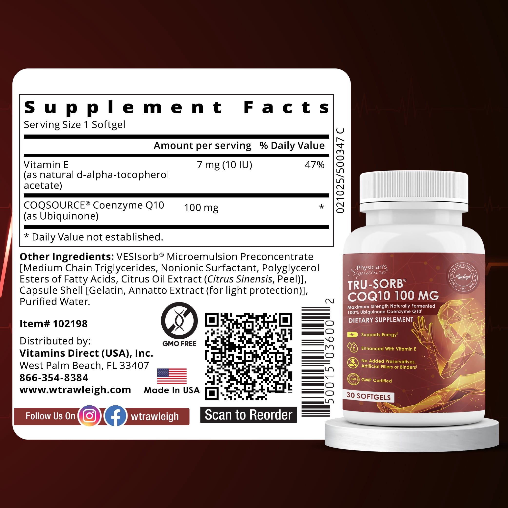 Rawleigh Tru-Sorb COQ10 100mg Softgels Ubiquinone coenzyme Q10 for Hearth Health, 30 Count