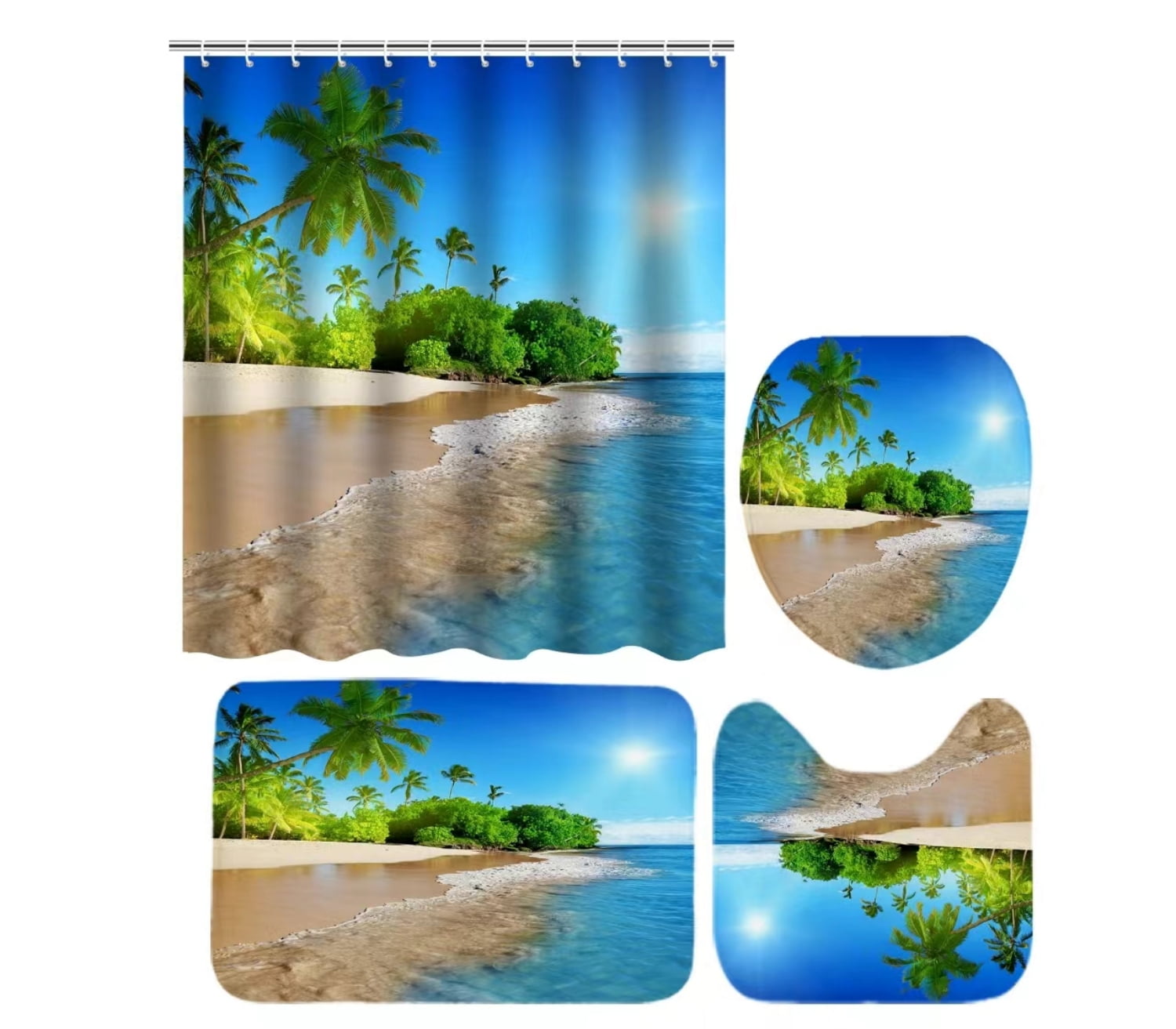 Tropical Beach Shower Curtain and Bath Rug Set 4 Pcs Fabric Palm Leaves Bathroom Curtain Set Decor 72x72 inches