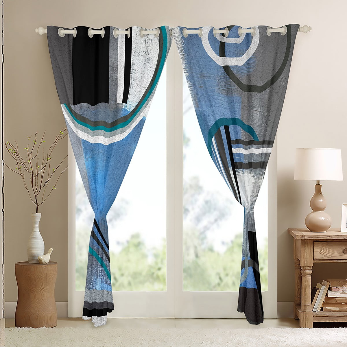 Blue Black Gray 30%-50% Blackout Curtains,Ombre Watercolor Geometry Curtains,Geometric Stripe Circles Window Curtains & Drapes,Oil Painting Window Treatments,Modern Artwork Darkening Curtains 42"X63"