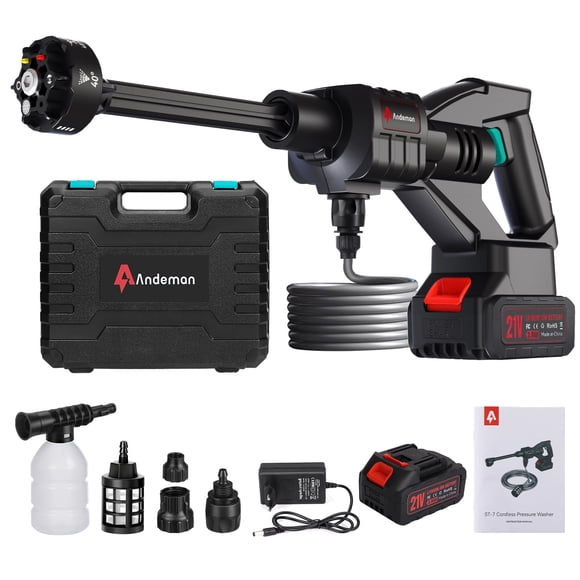 Hidrolavadora inalámbrica Andeman de 800 PSI, 1.5 GPM, batería de 3.0 Ah, con boquilla 6 en 1 | Para lavado de autos, entradas de vehículos, patios, cercas y limpieza del hogar