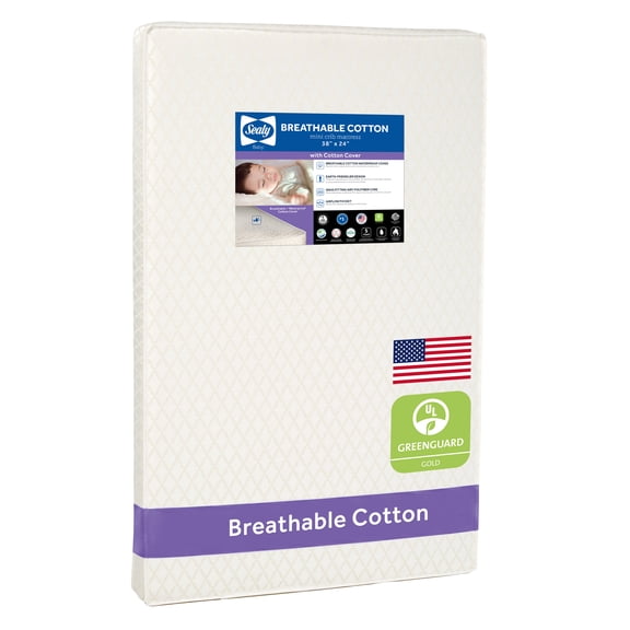 Sealy Breathable Cotton 38x24 Inch Mini Crib Mattress and Toddler Mini Pad, Waterproof, GREENGUARD Certified