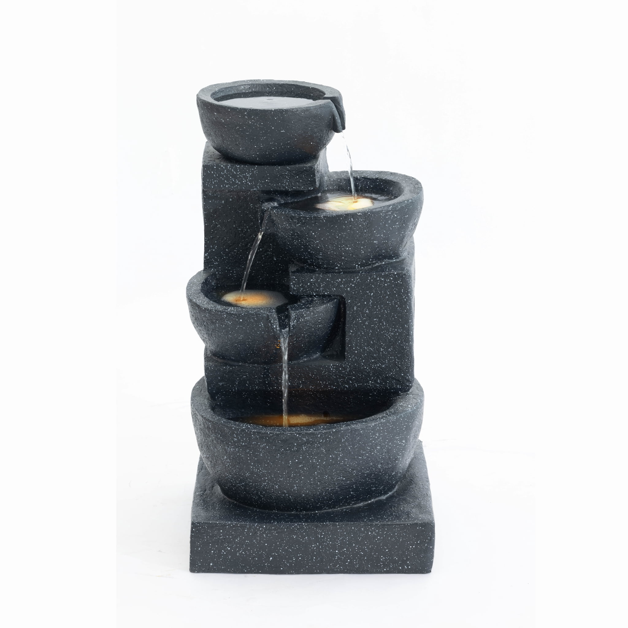 29-Inch Terrazzo Style LED Outdoor Indoor Water Fountain with Cascading Bowls & Stacked Stones – 4-Tier Ideal Waterfalls for Gardens, Patios to Create a Serene Retreat in Outdoor Living Areas