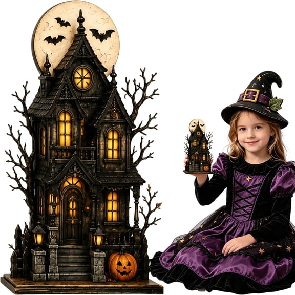 DLMCUH Halloween Haunted House Decor,Halloween Wooden Tabletop Decorations,Village Houses with Spooky Castle Pumpkin Jack O Lantern,Farmhouse Haunted Mansion Decor(A)
