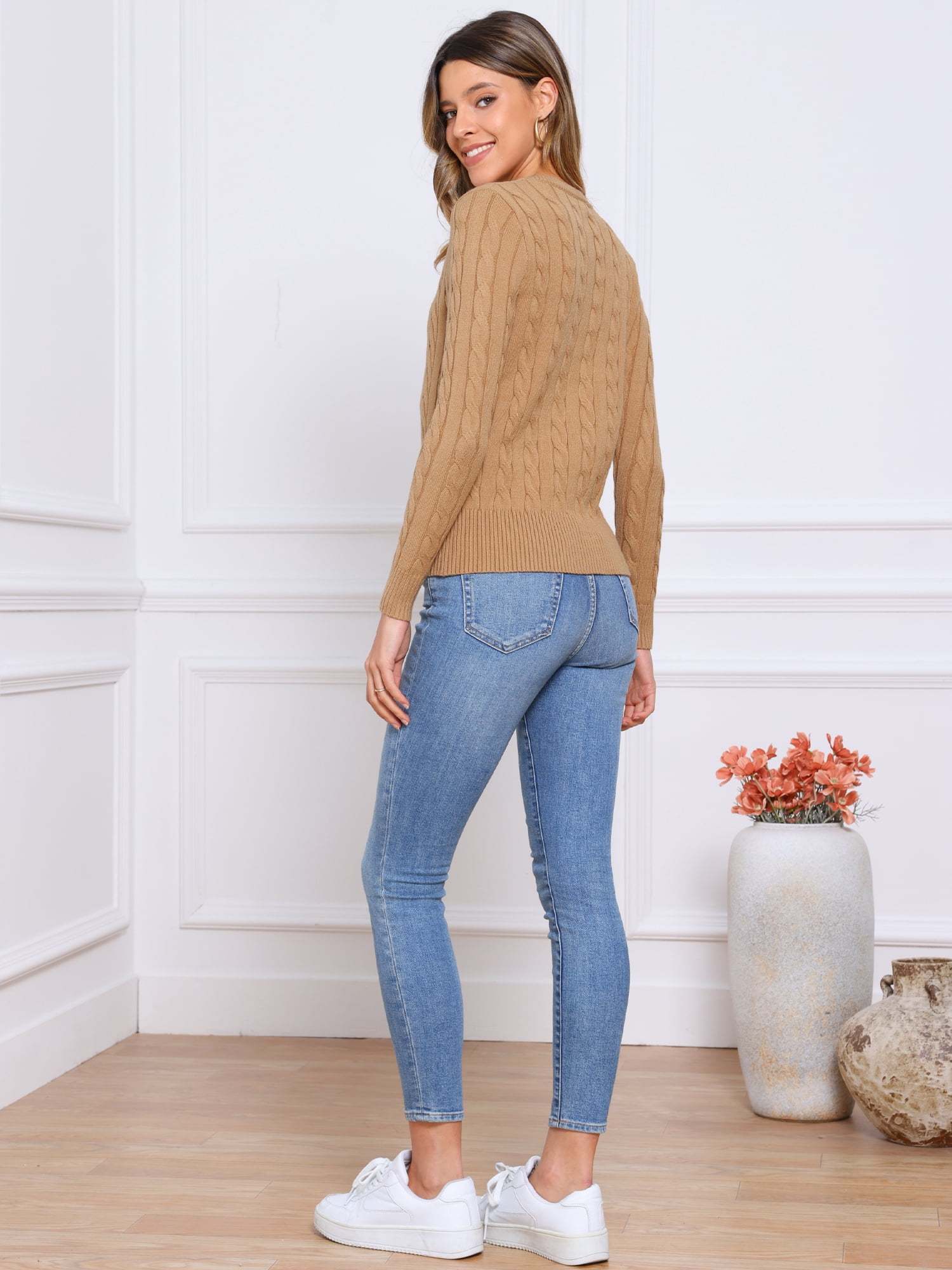 DARING DIVA Women's Cable Knit Button Down Long Sleeve Cardigan Sweater S Light Brown