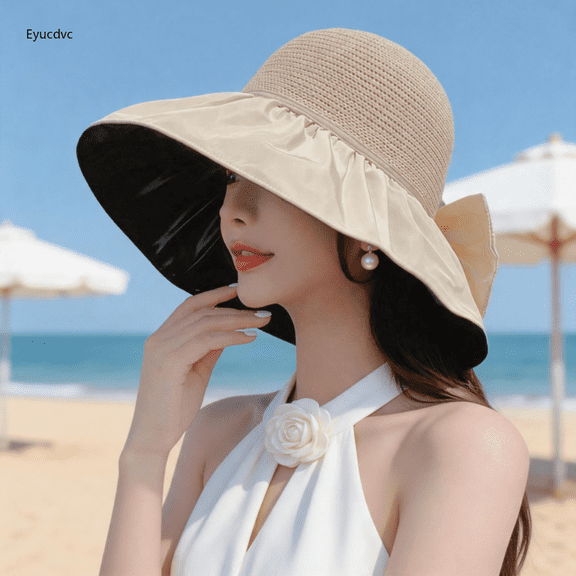 Eyucdvc Women UPF 50 UV Protection Wide Brim Sun Hat, Foldable Summer Beach Straw Bucket Hat with Decorative Bowknot for Outdoor Travel